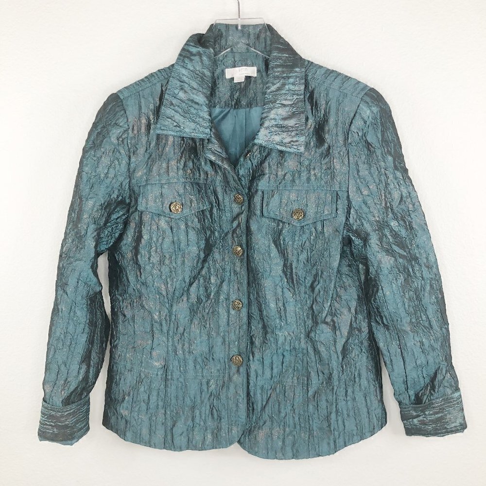 Erin London Metallic Blue‎ & Gold Crinkle Blazer Dress Jacket Women's Size S